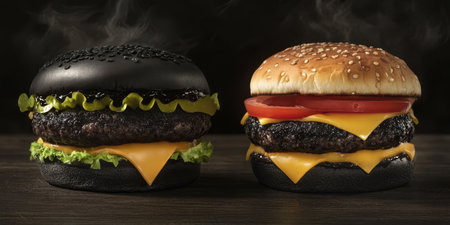 Black burger features a unique bun with cheese and fresh lettuce, served alongside a classic burger variety in Japan.の素材