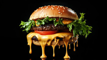 A cheeseburger features layers of melted cheese, crisp lettuce, and fresh tomato, all on a toasted sesame seed bun.の素材