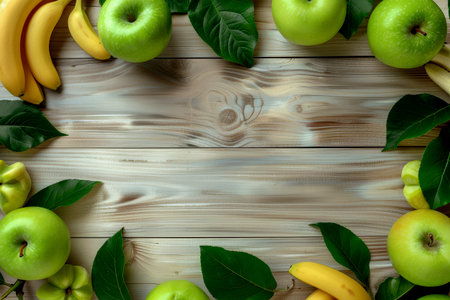 A collection of green apples and bananas is artistically arranged on a light wooden background, surrounded by green leaves for a fresh aesthetic.の素材