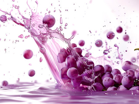 Purple grapes explode in a splash, producing a dynamic scene filled with vibrant colors and droplets, evoking a sense of luxury and celebration.の素材