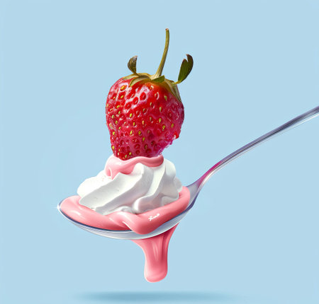 A spoon holds a generous scoop of strawberry yogurt, topped with a whole fresh strawberry, creating an appetizing dessert display.の素材