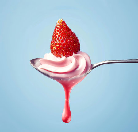 A hand holds a silver spoon containing smooth strawberry yogurt topped with a fresh strawberry while a drop leaks off the edge.の素材