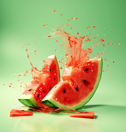 Juicy watermelon slices are splashed with vibrant juice, creating a lively and refreshing atmosphere perfect for summer gatherings.の素材