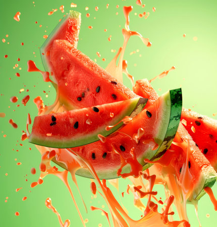 Juicy watermelon slices are cut and create dynamic splashes of red juice against a lively green backdrop, enhancing the summery feel.の素材