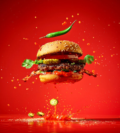 A burger hovers in mid-air, showcasing fresh toppings, dripping sauce, and vibrant colors against a bold red backdrop.の素材
