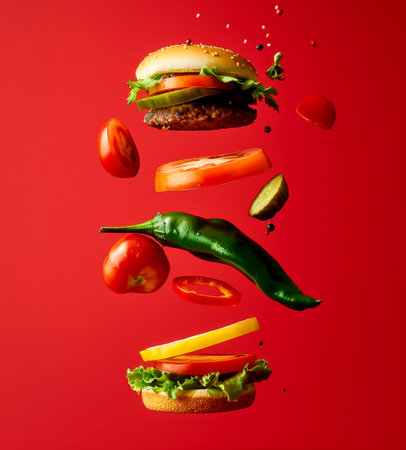 A green pepper soars mid-air alongside fresh veggies and burger components against a striking red background, emphasizing freshness and flavor.の素材