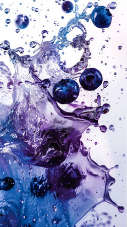 Blueberries burst through clear water, creating a dynamic and colorful splash with hues of blue and purple, evoking freshness and vitality.の素材