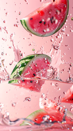 Refreshing watermelon slices soar above, creating splashes in crystalline water against a lively pink background.の素材