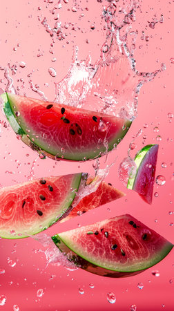 Slices of watermelon soar through the air, splashing water as they break the surface, creating a vibrant and refreshing visual effect.の素材