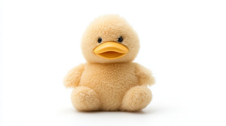 A small yellow duck toy sits isolated on a white background, offering a charming addition to any child's playtime or decor.の素材
