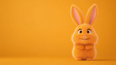 Cute orange character with fluffy fur and big eyes stands cheerfully in a bright, warm setting, radiating happiness and charm.の素材