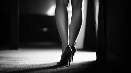 Long, slim legs in high heels step gracefully on a soft carpet in a softly lit space at night.の素材