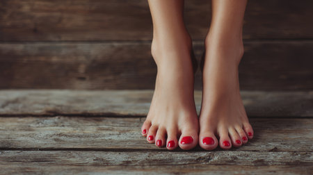 A woman stands barefoot on wood, showing off her red nail polish, creating a serene vibe.の素材