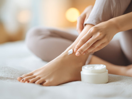 A beautiful Asian woman gently applies cream to her foot while sitting comfortably indoors.の素材