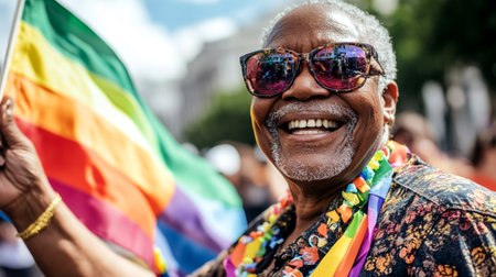 At a vibrant pride parade, a joyful senior black queer person holds a rainbow flag and wears colorful accessories, embodying celebration.の素材