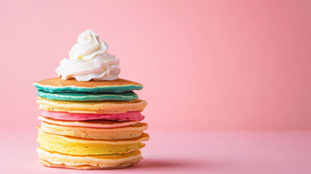 A vibrant stack of pancakes in various colors topped with fluffy whipped cream, creating a delightful breakfast treat against a soft pink backdrop.の素材