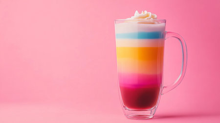 A tall transparent cup showcases beautifully layered colorful liquids topped with whipped cream against a bright pink backdrop.の素材