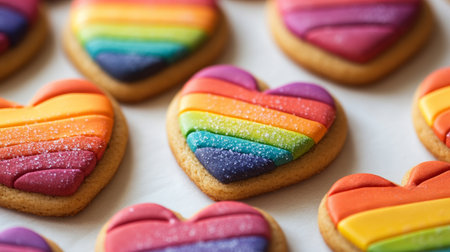 Close-up view of beautifully crafted rainbow heart-shaped cookies with colorful icing, perfect for celebrations or sweet treats.の素材