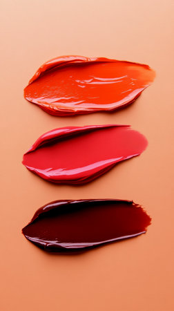 Three striking lipstick smears in shades of red and orange spread horizontally across a warm-colored backdrop enhance the visual impact.の素材
