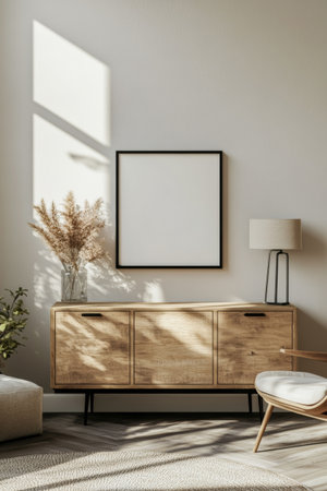 Bright natural light filters through the window, illuminating a wooden sideboard with an empty poster frame and soft decor accents.の素材