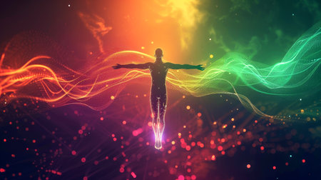 A tranquil human figure floats gracefully in a sea of vivid colors, radiating peace and serenity in a dreamlike setting.の素材