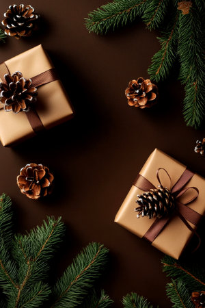 Brown-wrapped gifts are arranged among evergreen branches and pine cones, creating a cozy and festive atmosphere ideal for holiday gatherings.の素材