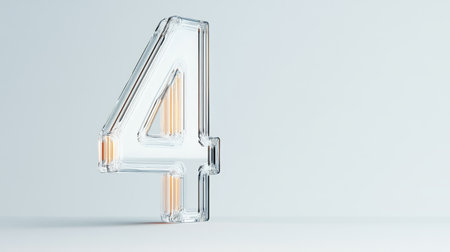 A clear, glass number four stands on a plain surface with gentle lighting illuminating its features, showing its transparent design.の素材