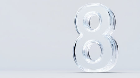 Number eight appears in a crystal clear format, showcasing smooth curves and angles against a neutral backdrop, emphasizing its shape.の素材
