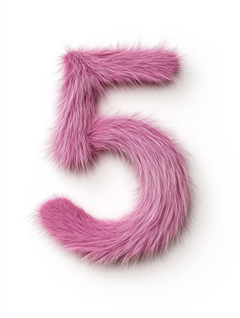 Bright pink furry number five displayed on a smooth white background, adding a playful and whimsical touch to any design project.の素材