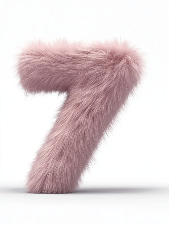 A fluffy number seven with a pink fur texture sits against a clean white background, perfect for adding a cozy touch to decor.の素材