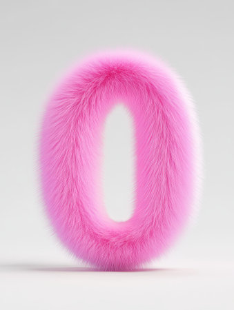 A fluffy, vibrant pink number zero stands upright on a clean, neutral backdrop, showing its soft texture and unique shape.の素材