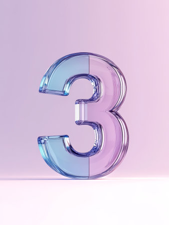 A glass number three with a gradient of pastel colors stands prominently, capturing light beautifully with a sleek, modern design.の素材