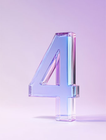 Transparent glass number four displays beautiful hues while standing against a gentle pastel background, showing its intricate design.の素材