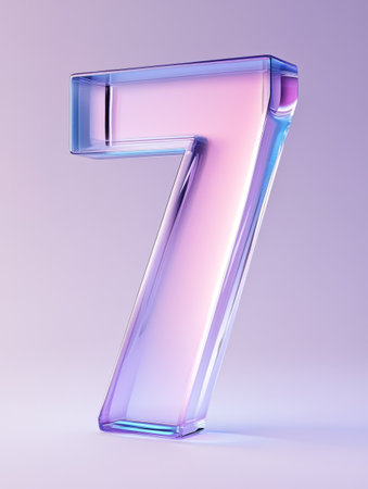 A large glass number seven displays a blend of pastel colors, showing its transparency and elegant curves against a muted backdrop.の素材