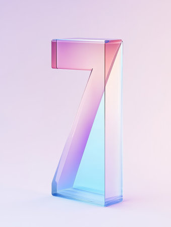 Translucent number seven stands prominently, showcasing its sleek design and colorful reflections in a serene environment.の素材