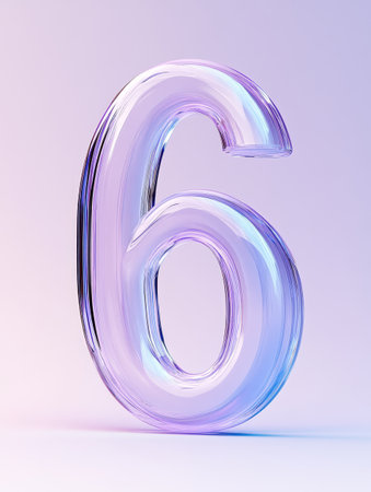 Delicate glass number six stands elegantly on a light pastel backdrop, showing its transparency and vibrant reflections.の素材