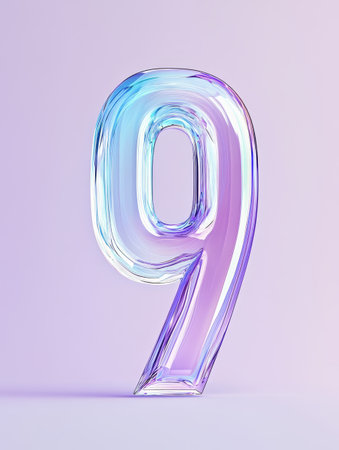 Translucent number nine crafted from glass stands prominently against a soft pastel backdrop, capturing light and color beautifully.の素材