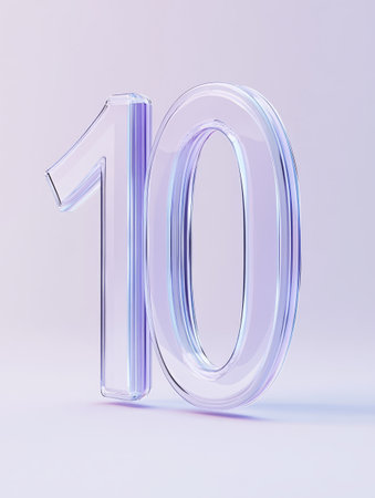 Clear glass number ten stands prominently, reflecting light against a smooth pastel purple backdrop, creating a contemporary aesthetic.の素材