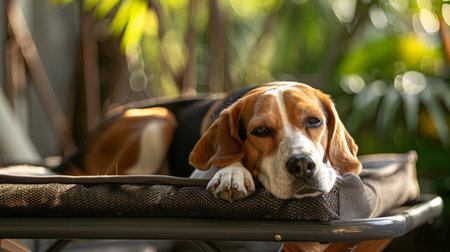 Dog rests comfortably on elevated mesh bed in a well-lit garden surrounded by greenery, enjoying the warm atmosphere during afternoon.の素材
