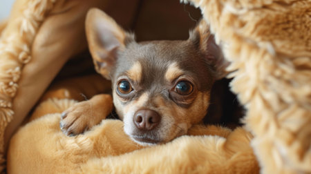 A small breed dog enjoys resting comfortably inside a soft cave-style dog bed, creating a cozy, protected environment for relaxation.の素材