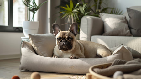 A small dog relaxes comfortably in a modern dog bed, surrounded by a bright living room with plants and soft furnishings.の素材