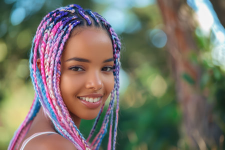 A young African American woman showcases her colorful braided hairstyle while smiling in a bright, natural environment filled with greenery.の素材