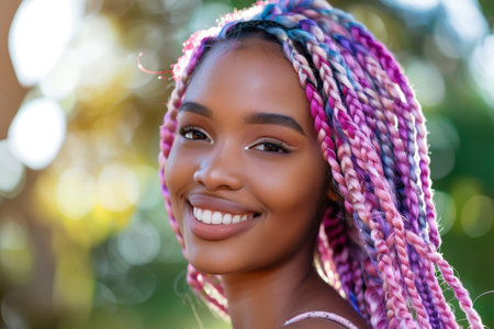 A young African American woman with colorful braids enjoys a sunny day outdoors, radiating joy and confidence as she smiles warmly.の素材