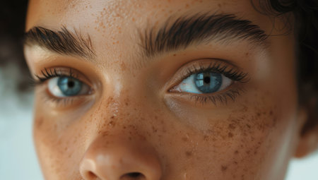 A woman with captivating blue eyes and freckles gazes warmly, illuminated by soft natural light, enhancing her unique beauty and features.の素材