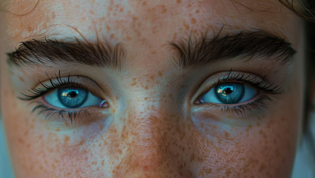 A beautiful woman with striking blue eyes and freckles is captured in a close-up, highlighting her features in soft natural light.の素材