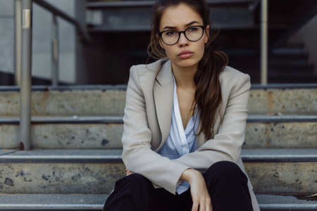An attractive woman in her late twenties sits pensively on urban steps, dressed in a stylish blazer and glasses, capturing a thoughtful moment.の素材