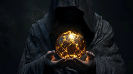 A monk robed in black holds a glowing golden orb, harnessing its magic energy in an enigmatic atmosphere filled with mystery.の素材