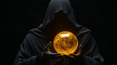 A monk in a black hood concentrates on a glowing orb of golden energy, surrounded by darkness, showcasing his magical powers.の素材