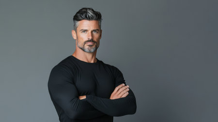 Muscular man stands confidently with arms crossed in a studio, exuding strength and style against a smooth gray background.の素材