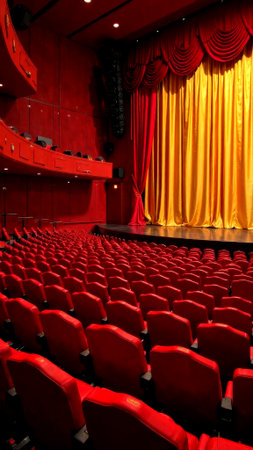 Rows of plush red seats face a bright golden curtain, creating an inviting atmosphere for a performance. The venue is designed for an enjoyable experience.の素材
